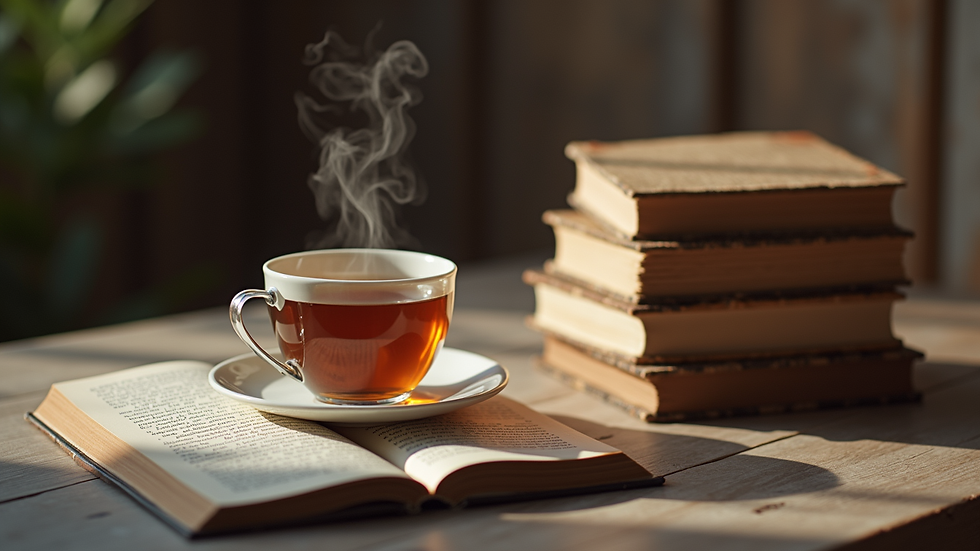 Eye-level view of a cozy reading nook with a stack of books and a steaming cup of tea