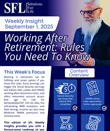 Working after retirement can boost income—but only if you know the rules. This edition of SFL Weekly Insights explains how the Social Security earnings test, KPERS rehire limits, retirement account access ages, Medicare IRMAA thresholds, and taxes interact. Learn how to keep working in retirement without penalties, lost benefits, or surprise costs.