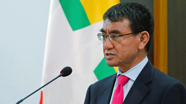 Japanese Foreign Minister Taro Kono speaks at a news conference in Myanmar's capital Naypyidaw, Jan. 12, 2018.