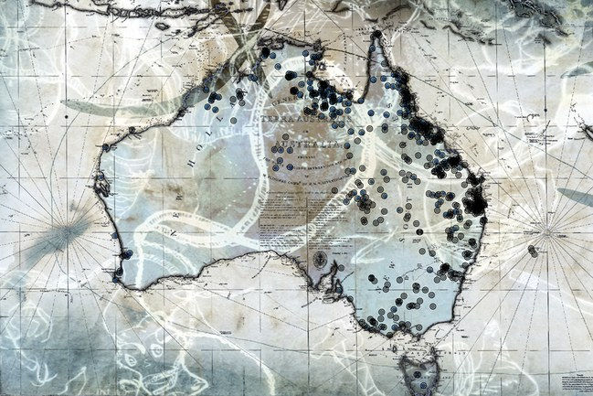 A multimedia project led by the the Indigenous Australian artist Judy Watson is among the initiatives seeking to map the numerous sites where colonists massacred Aboriginal people. Source: the names of places. (Artistic / research / technical team: Judy Watson, Greg Hooper, Freja Carmichael, Indy Medeiros, Jonathan Richards, Angus Hooper, Jarrard Lee.)