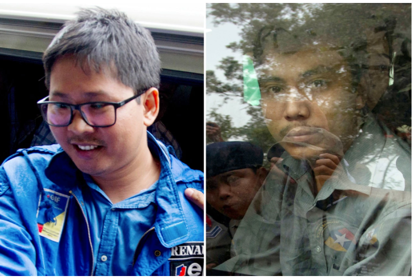 In this combination of Dec. 27, 2017, file photos, Reuters journalist Thet Oo Maung, also known as Wa Lone, left, and Kyaw Soe Oo, also known as Moe Aung, are pictured outside court near Yangon, Myanmar. Myanmar is set to put two reporters from the Reuters news agency on trial after they were charged under a colonial-era state secrets act, in a case that highlights growing concerns about press freedom in the country. (Thein Zaw, File/Associated Press)
