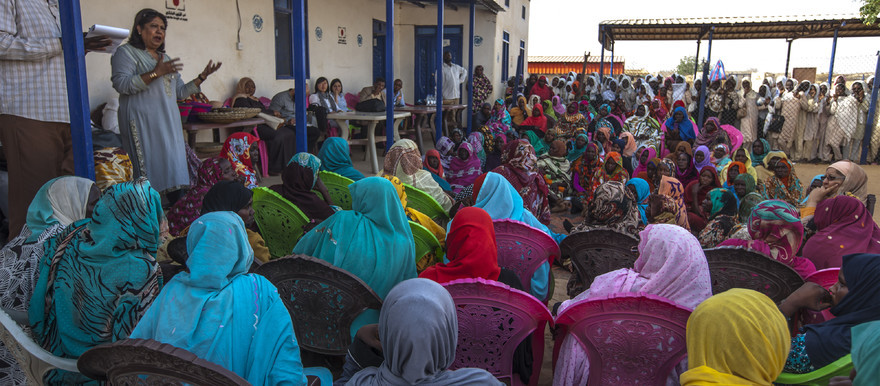 Special Representative of the Secretary-General on Sexual Violence in Conflict Pramila Patten discusses issues related to sexual and gender-based violence with women in the Abu Shouk camp for the internally displaced near El Fasher, North Darfur on February 20 (Photo: Amin Ismail / Unamid)
