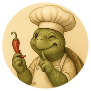 Whimsical green turtle wearing a chef hat, holding a spoon and chili, representing a love for cooking and fun food workshops.