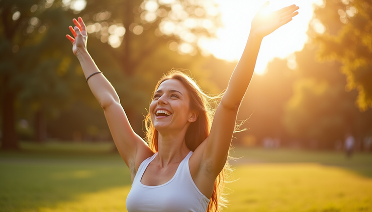 Eye-level view of a joyful woman standing in a sunlit park with arms raised in celebration