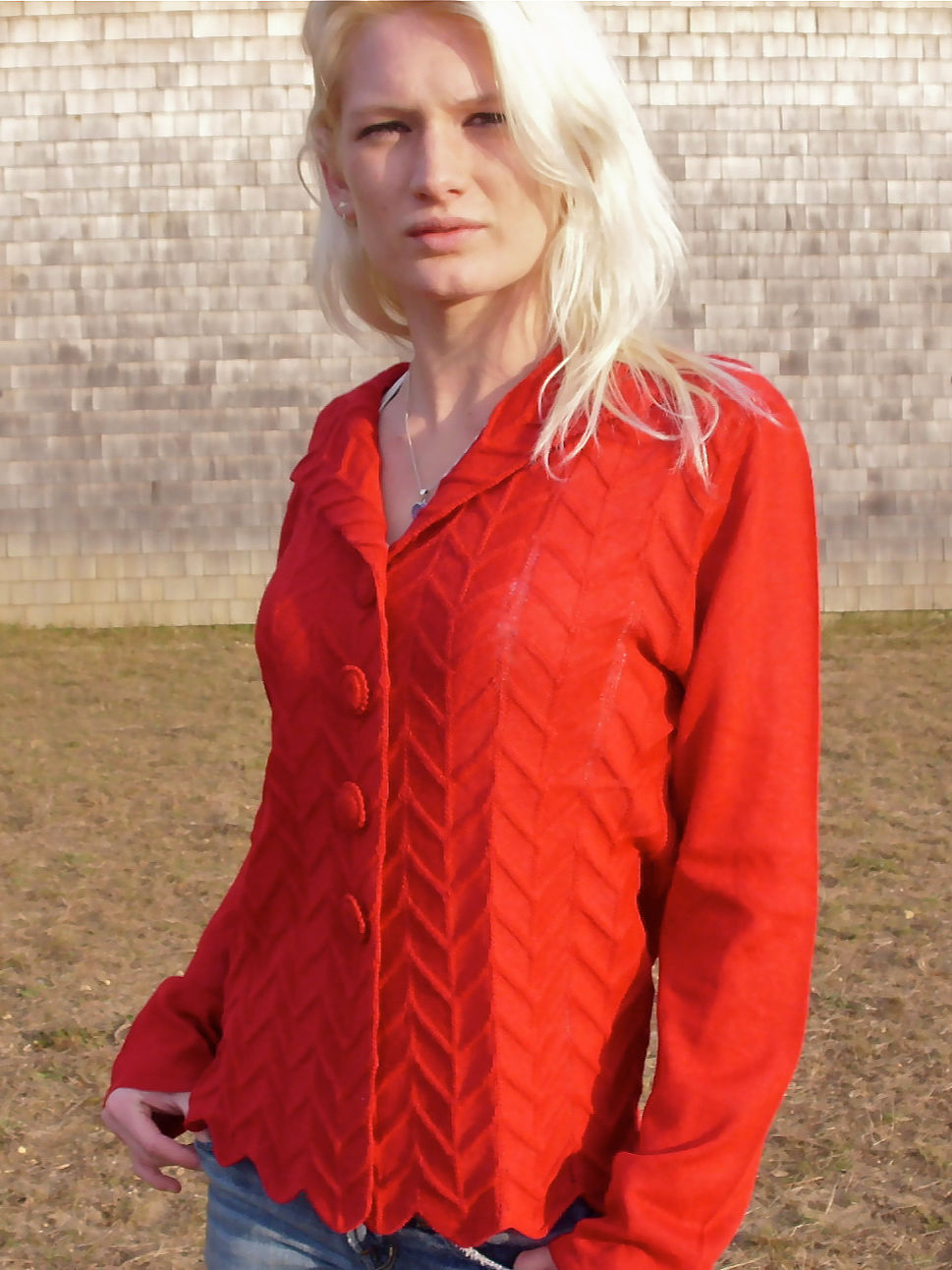 Alpaca Chevron Cardigan Berry Red White Elegant Buttons