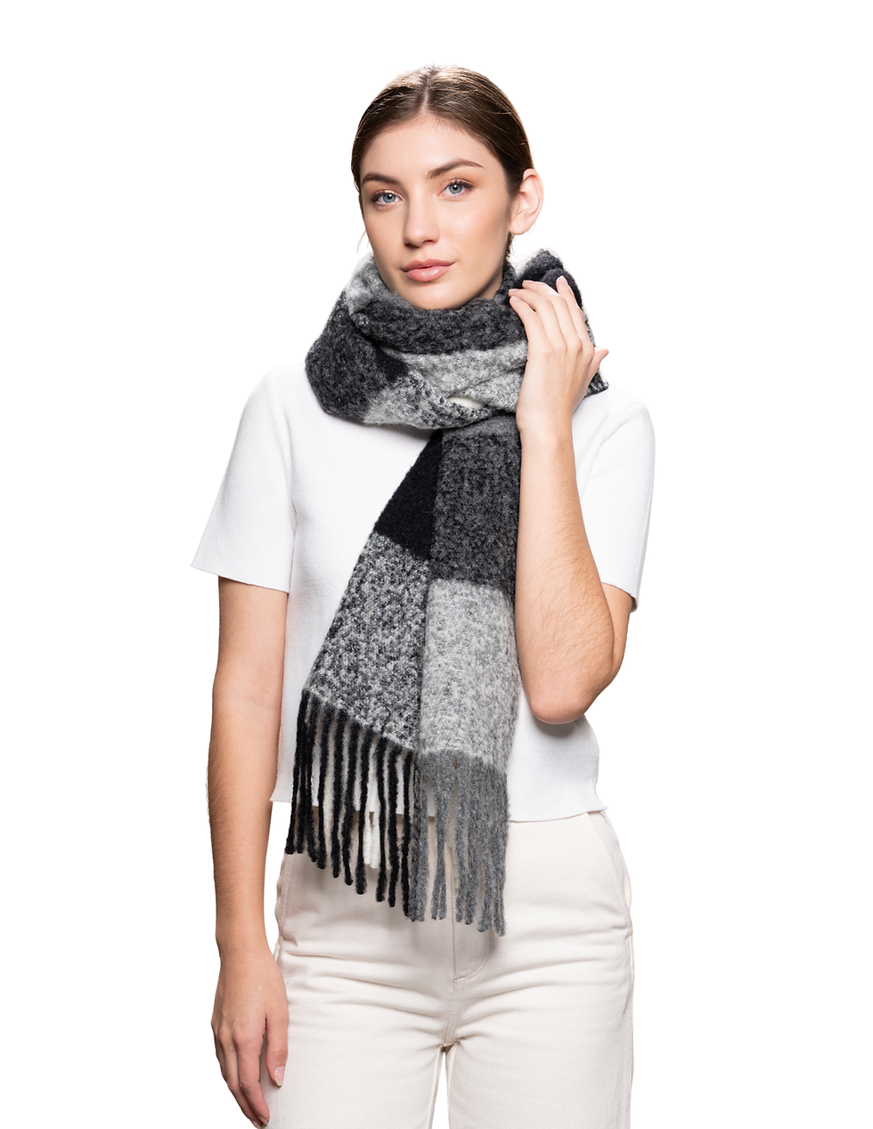 Baby Alpaca and Silk Chunky Plaid Scarf Grey Black