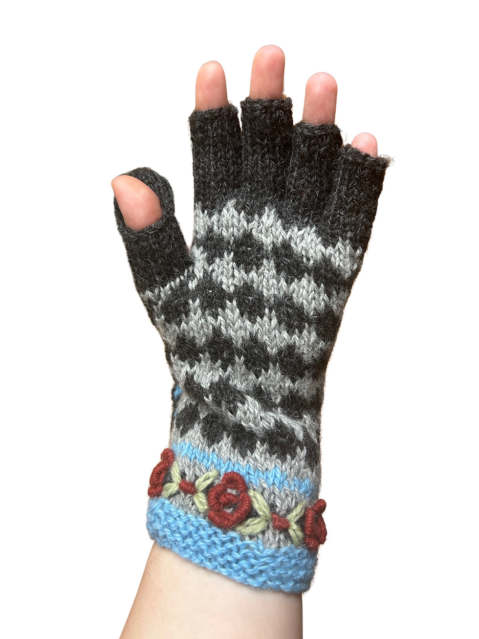 Thumbnail: Alpaca Embroidered Floral Lined Mitten Blue Front