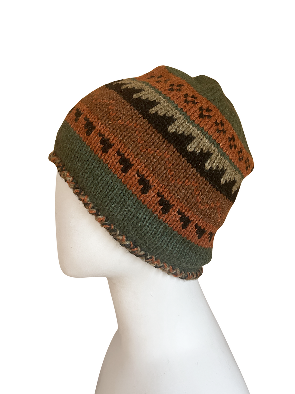 Alpaca Hand-Knit Incan Beanie Hat Warm Cozy Green Orange