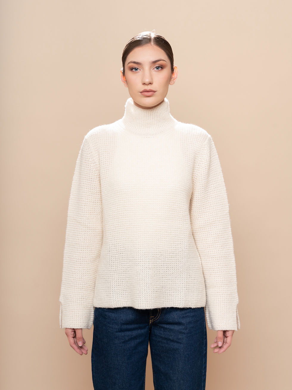 Thumbnail: Alpaca Waffle-Knit Tunic Sweater Ivory
