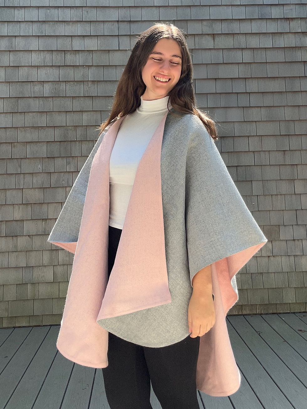 Thumbnail: Alpaca Reversible Poncho Dusty Rose Silver Grey