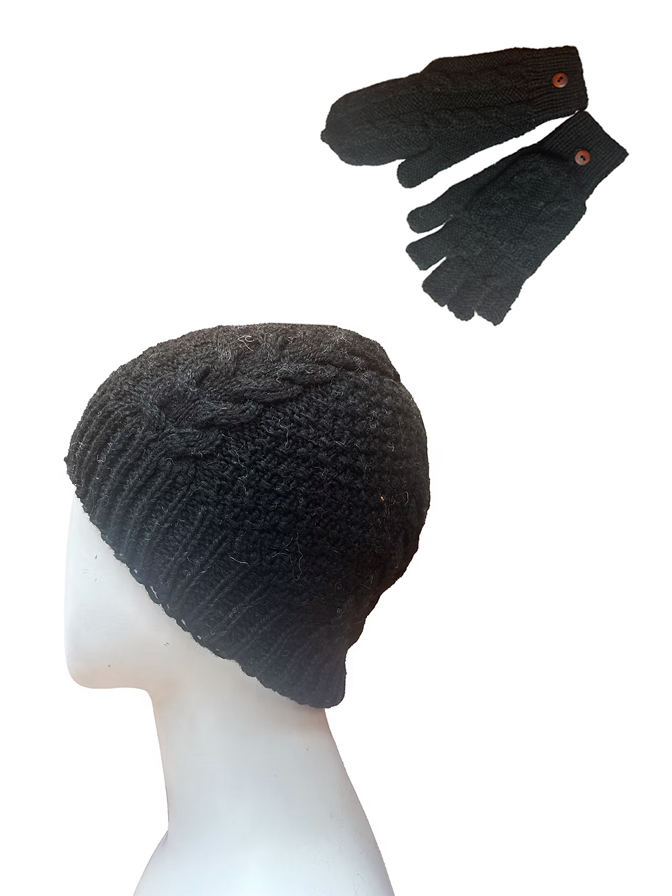 Alpaca Cable Hooded Fingerless Gloves Hat Combined Set