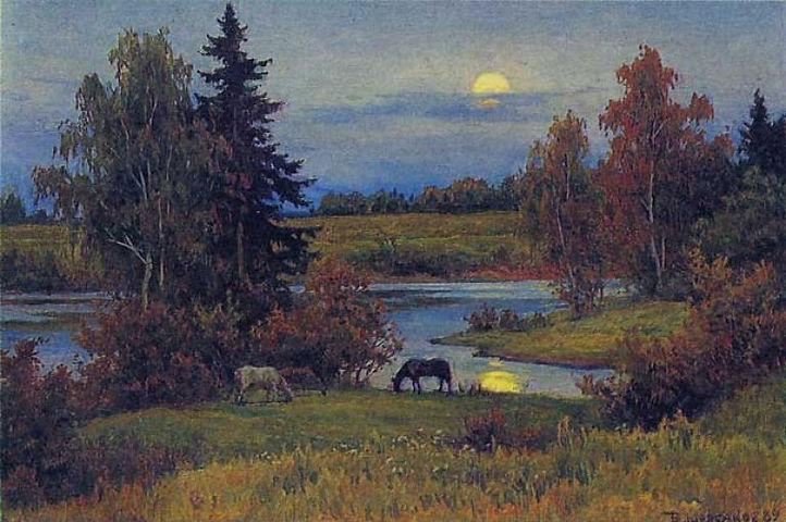 осенний пейзаж с луной и пасущимися лошадьми