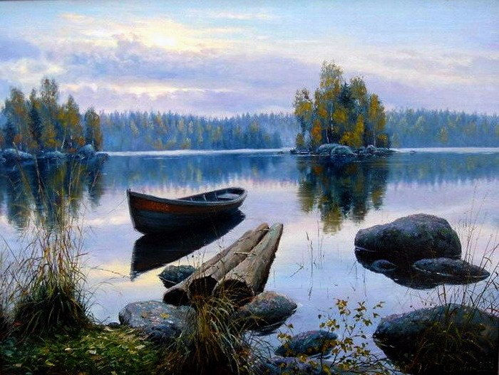 осень берег озера лодка картина