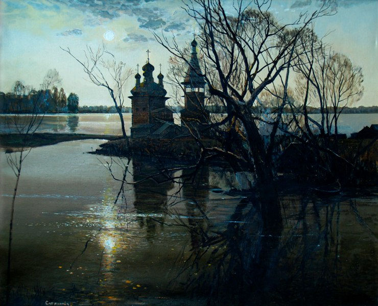 пейзаж с деревянной церковью у озера