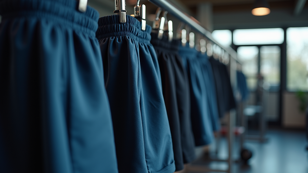 Close-up of men's gym shorts hanging on a rail in a gym