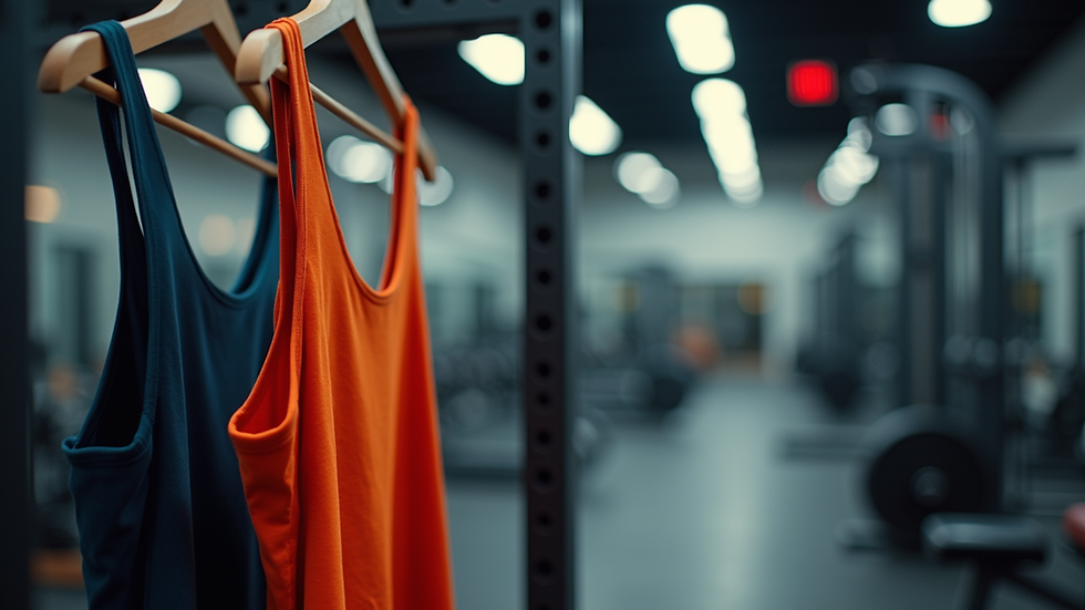 Eye-level view of a gym stringer tank top hanging on a rack