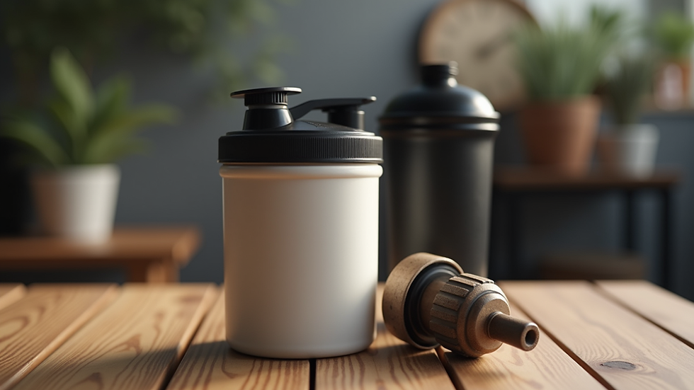 Close-up view of a fitness supplement container and shaker bottle on a wooden surface