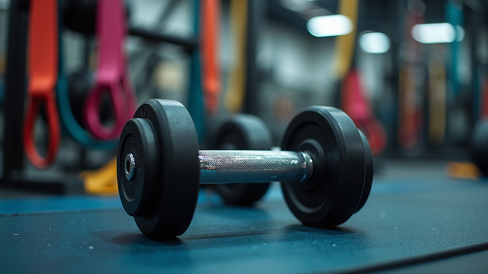 Eye-level view of a fitness gear display with dumbbells and resistance bands