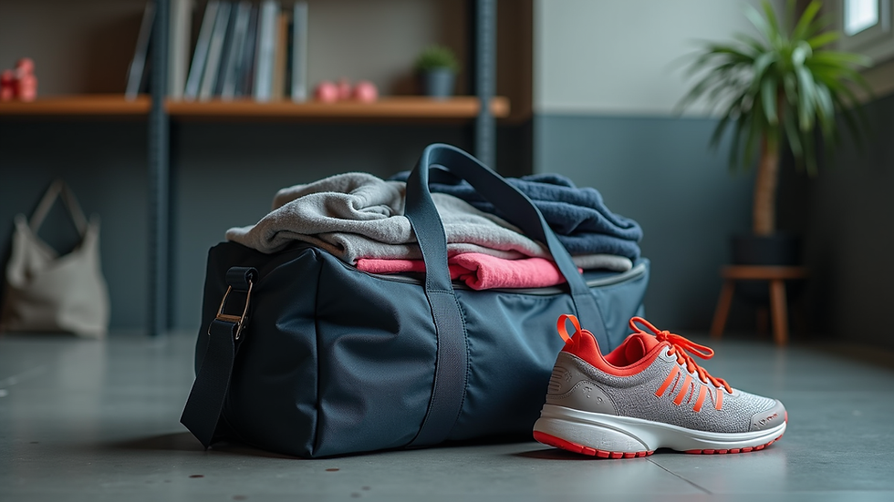 Eye-level view of gym bag packed with workout clothes and shoes