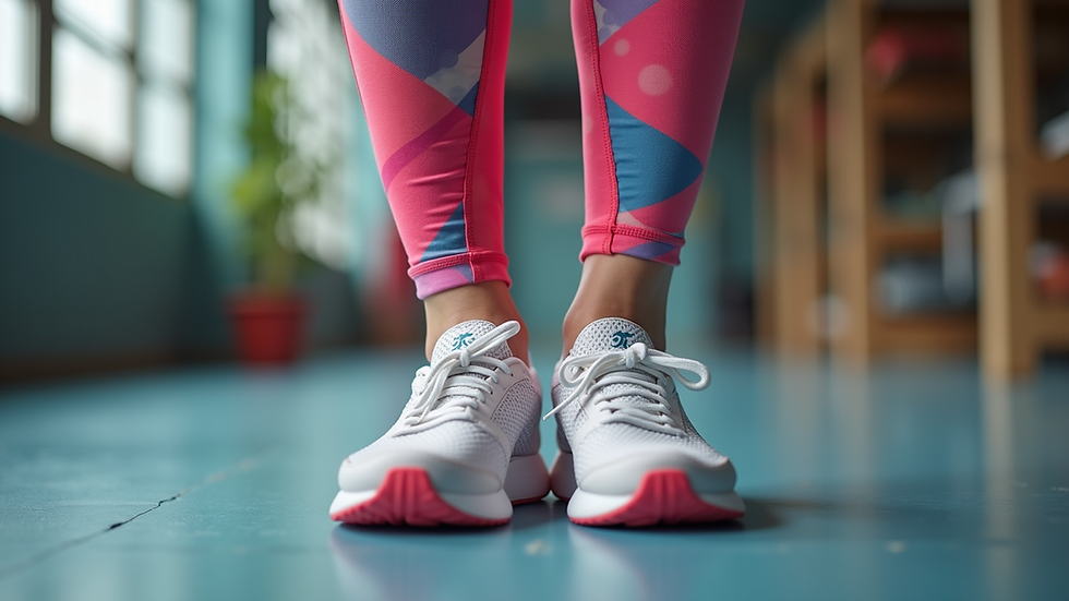 Eye-level view of vibrant gym leggings with geometric patterns