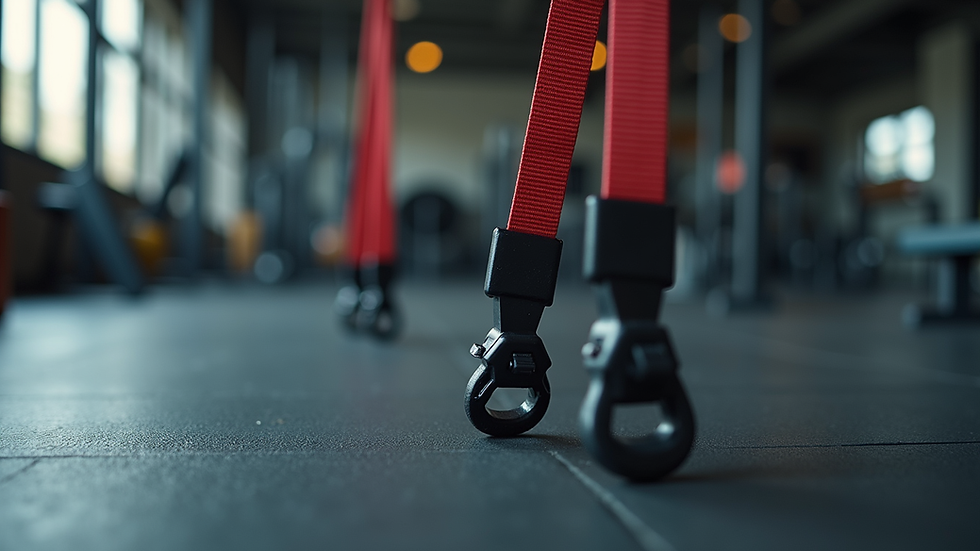 Close-up of resistance bands with adjustable tension on a gym floor