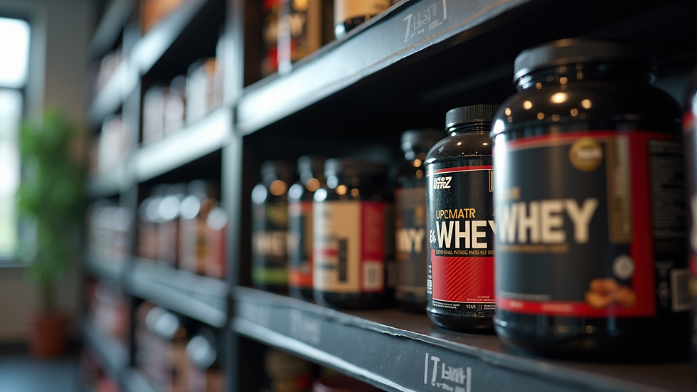 Close-up view of fitness supplements and protein powders on a shelf
