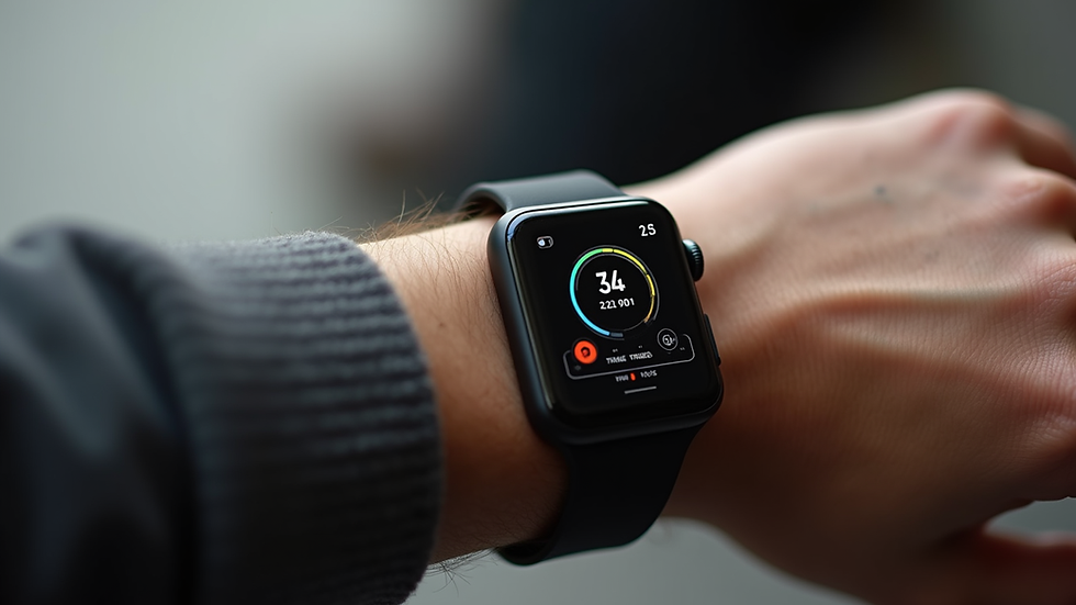 Close-up view of a smartwatch displaying fitness stats