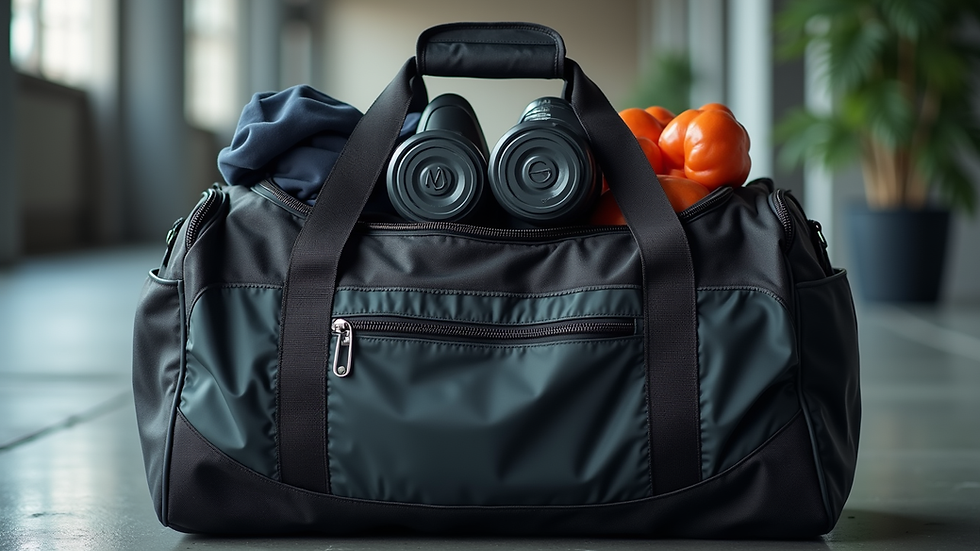 Eye-level view of a gym bag packed with modern workout gear