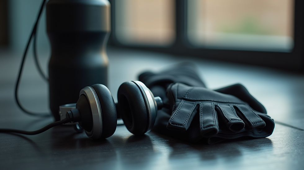 Close-up view of gym accessories including gloves, water bottle, and headphones