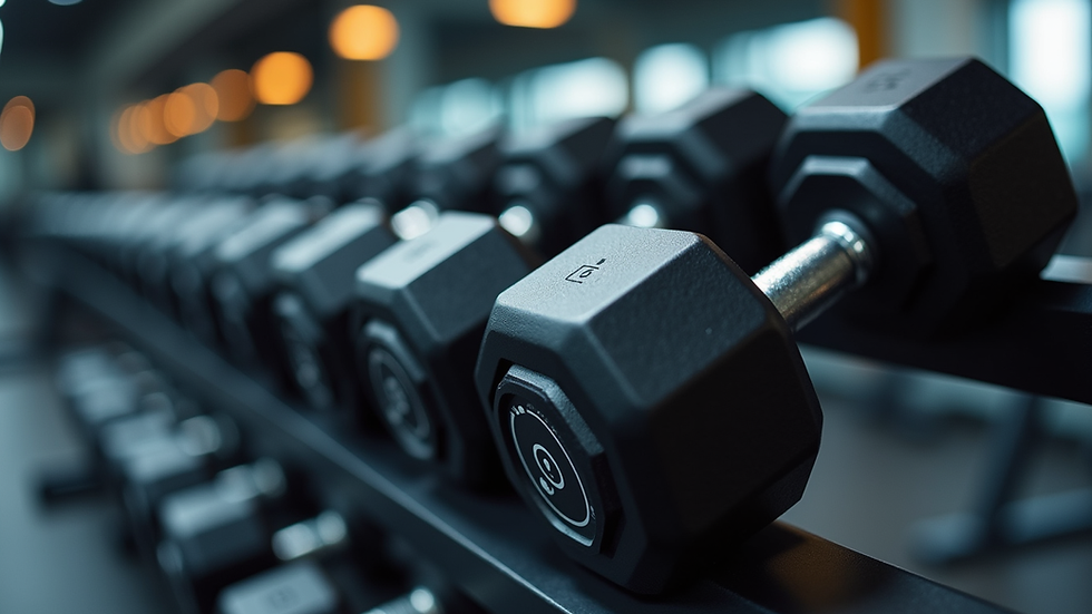 Eye-level view of a gym rack with innovative smart dumbbells
