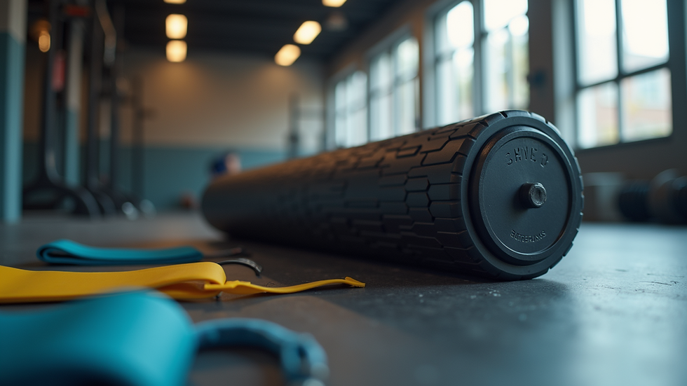 Close-up view of foam roller and resistance bands on gym floor