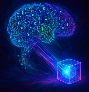 Una imagen abstracta y surrealista de una mente humana siendo codificada digitalmente. El 