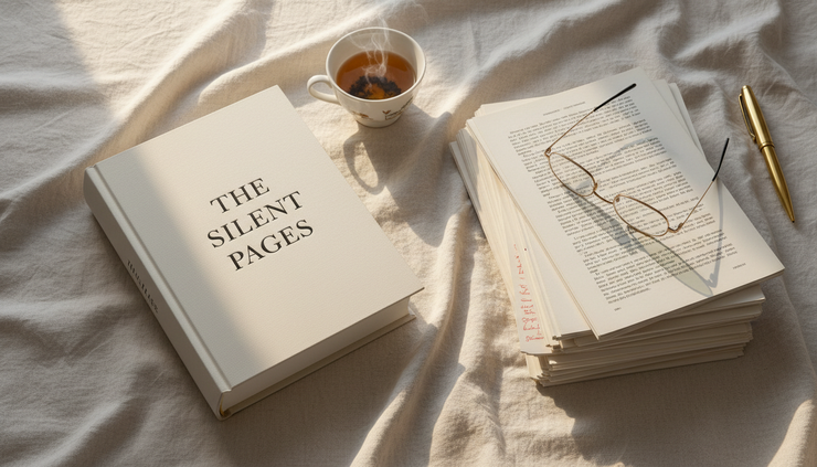 Overhead view of a finished book resting beside manuscript pages