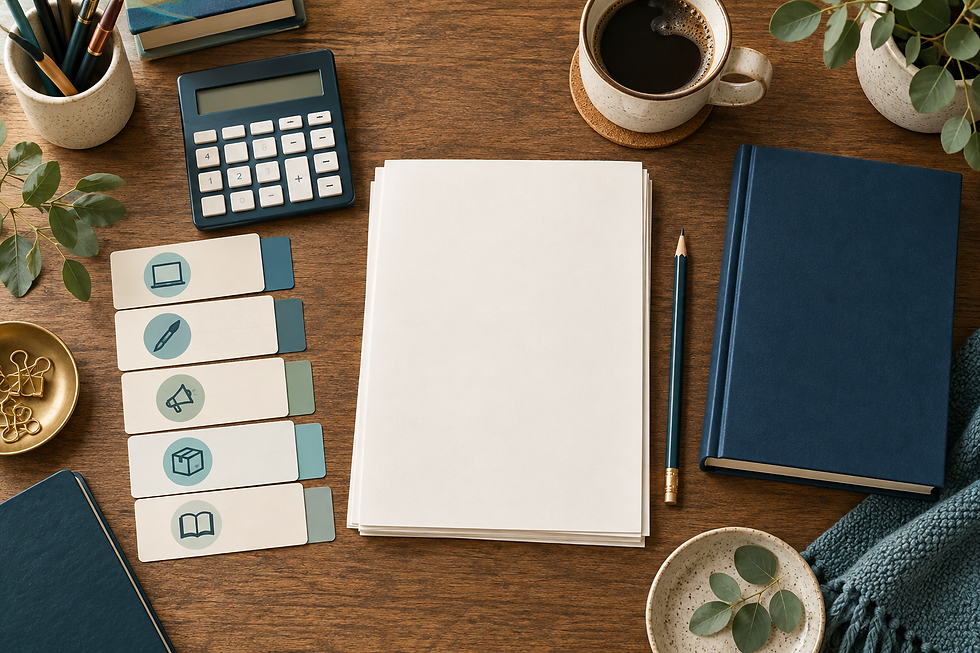 Manuscript, calculator and book arranged on a desk for planning a self-publishing budget.