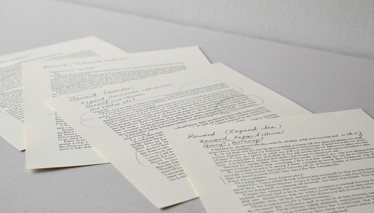 Close-up of marked manuscript pages with careful editorial notes