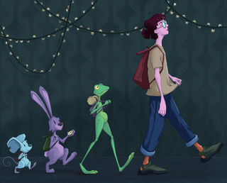 Digital procreate drawing of girl walking with frog, rabbit, and mouse characters.