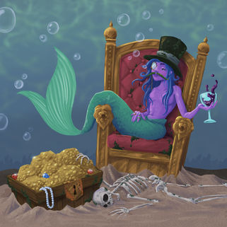 Digital procreate drawing for MerMay 2023, Day 13. Mermaid in thrown with sunken treasure chest. 