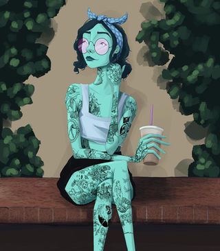 Digital procreate drawing of stylized tattooed girl sitting on bench with coffee.