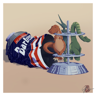 Digital procreate drawing of dinosaurs in Barbasol can from Jurassic Park movies.