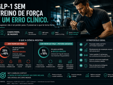 Infográfico sobre treino de força com GLP-1 mostrando preservação de massa magra e redução do risco metabólico durante emagrecimento.