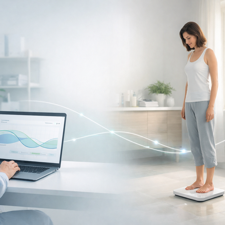 Profissional de saúde analisando dashboard com tendência de peso em laptop, enquanto paciente se pesa em casa em balança inteligente sem números, representando monitoramento preditivo e emocionalmente seguro em programas de GLP-1.