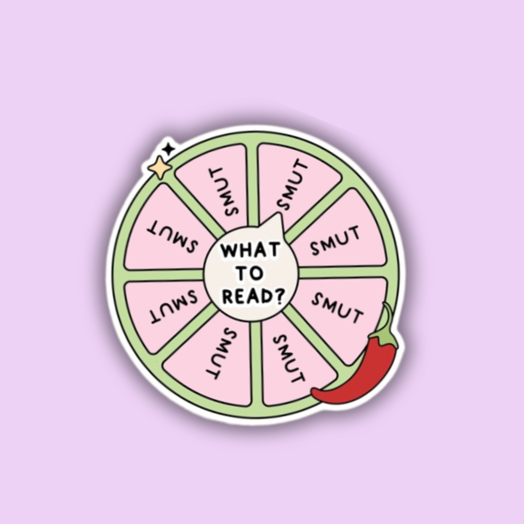 A round vinyl sticker with a pastel pink background featuring a wheel design with the text 'WHAT TO READ?' and various words 