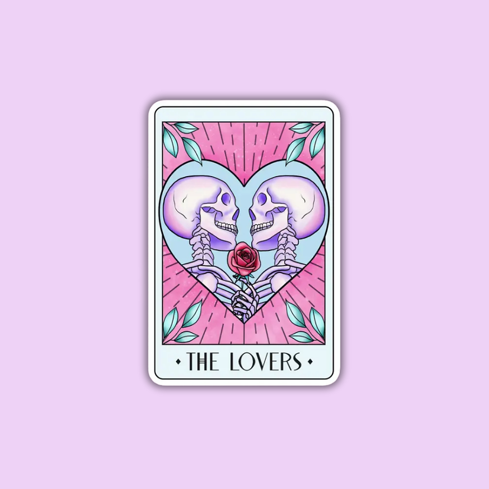 A sticker featuring a gothic romance theme with two skeleton figures embracing and looking into each other's eyes, with a sin