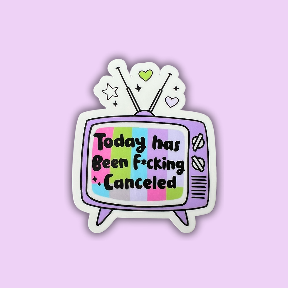 Sticker of a vintage TV with colorful text on a light purple background