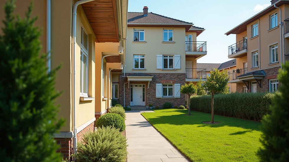 Eye-level view of a well-maintained residential building exterior