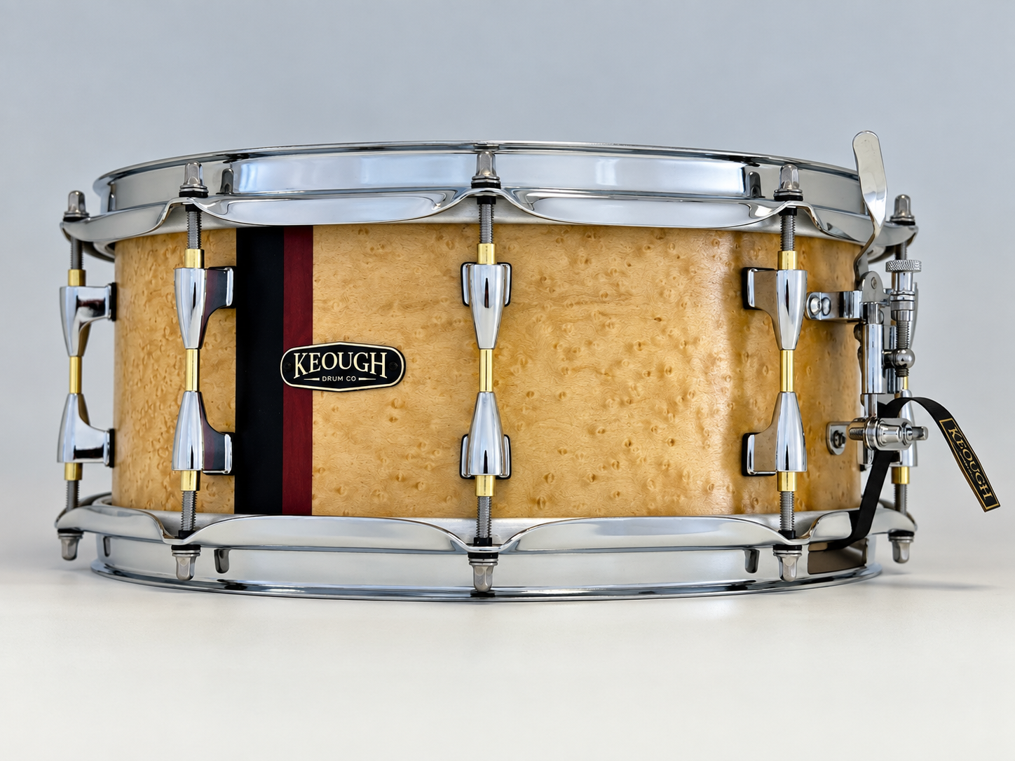 Keough Plymatic serial 024 14 by 5.5 inch birch snare with Birdseye Maple and contrasting vertical inlays