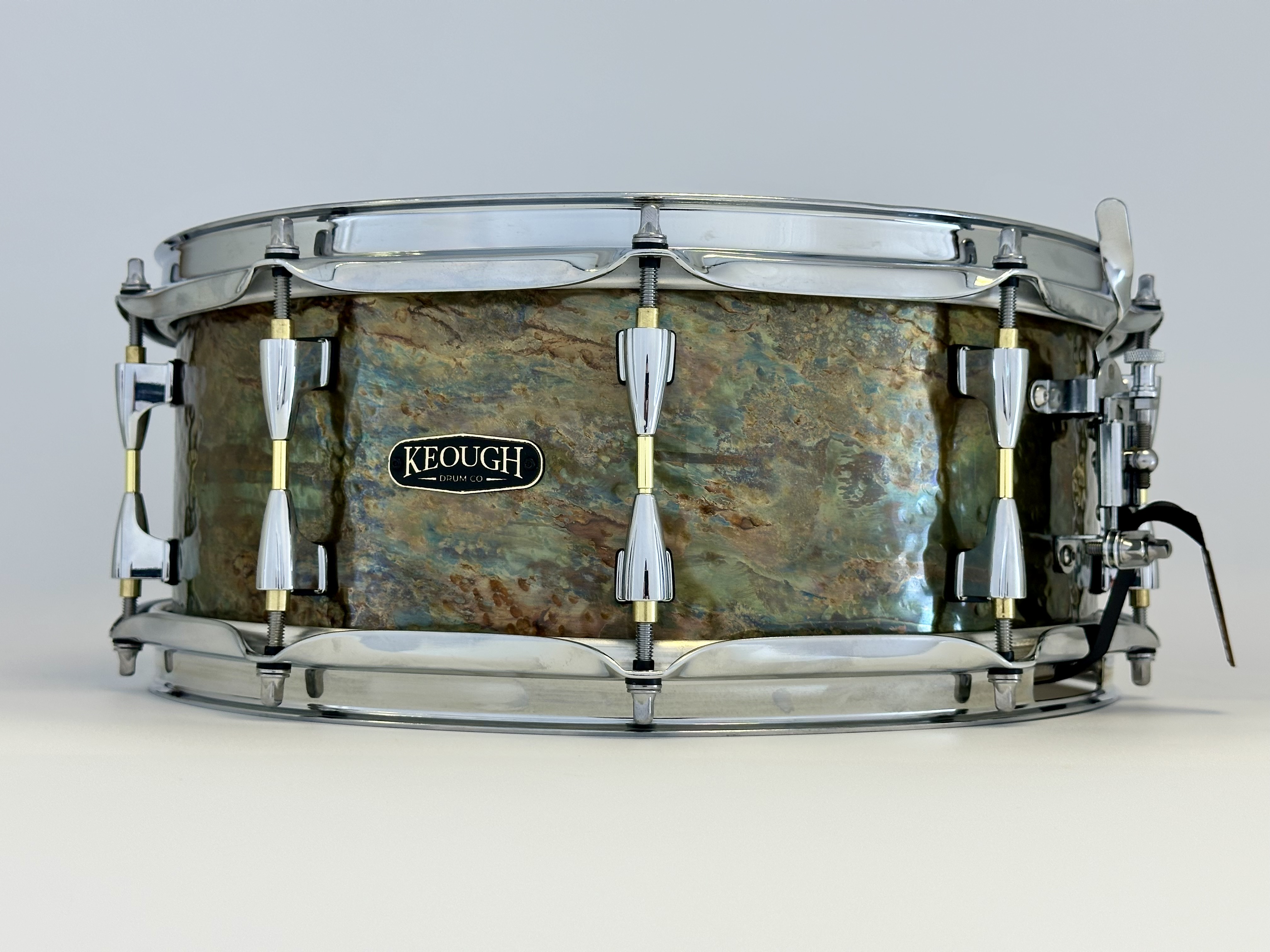 Keough ValaTone serial 011 14 by 5.5 inch hand hammered brass snare in Oil Slick Patina