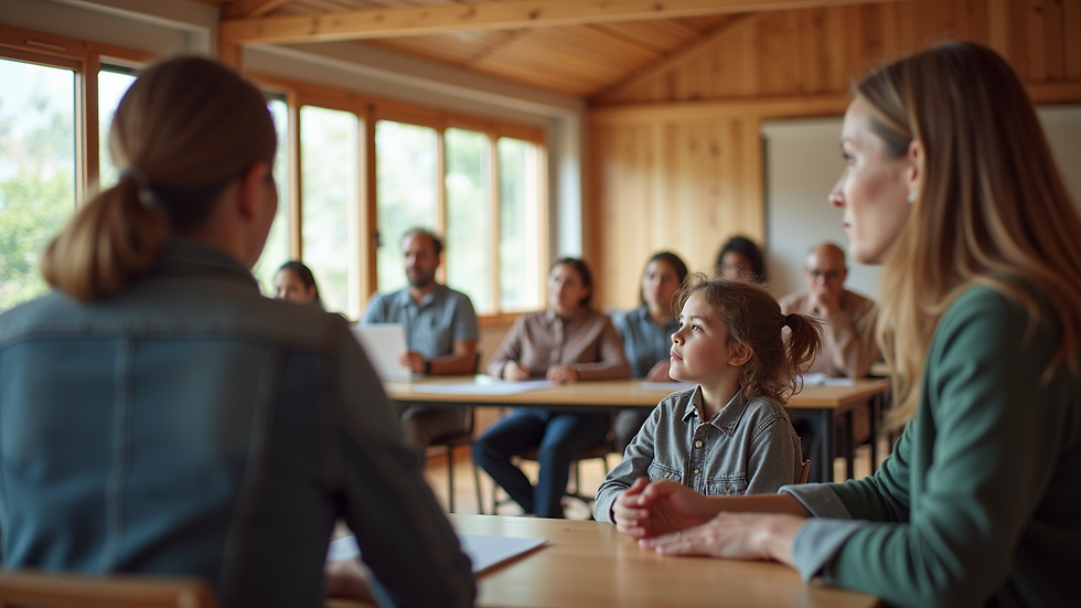 Eye-level view of a community meeting room with diverse family groups seated