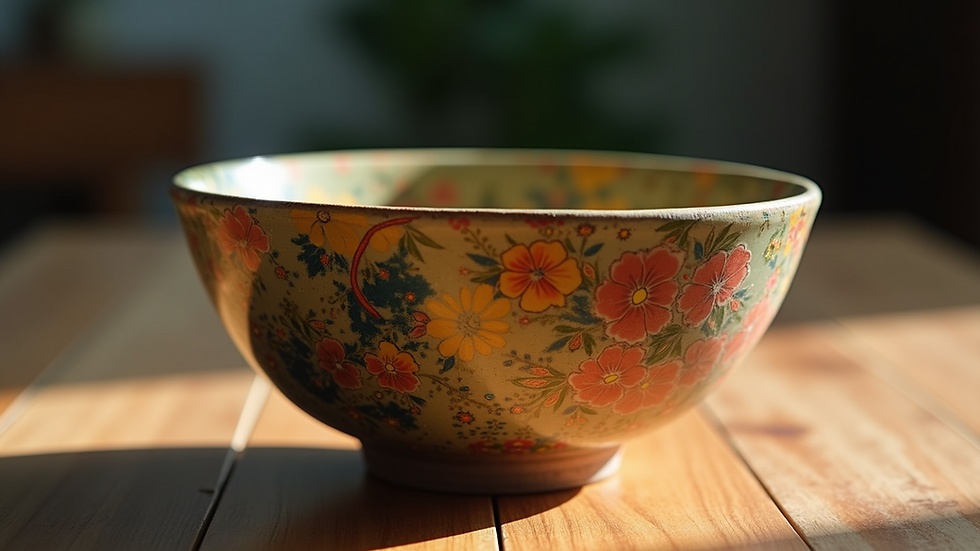 Eye-level view of a colorful handmade ceramic bowl on a wooden table