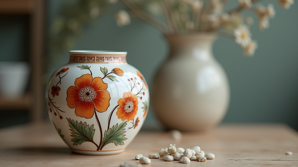 Eye-level view of a hand-painted ceramic vase with floral design